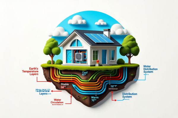 Illustration showing how a geothermal energy for home use through underground heat pump loops.