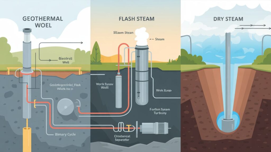 Labeled diagram of binary cycle flash steam and dry steam systems