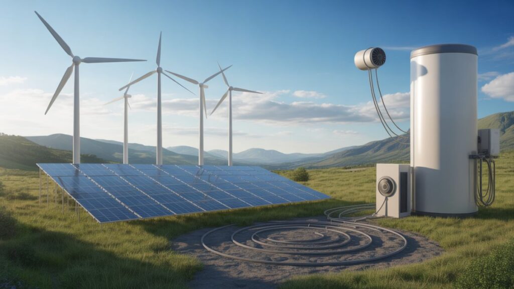 Solar wind and geothermal energy working together in harmony