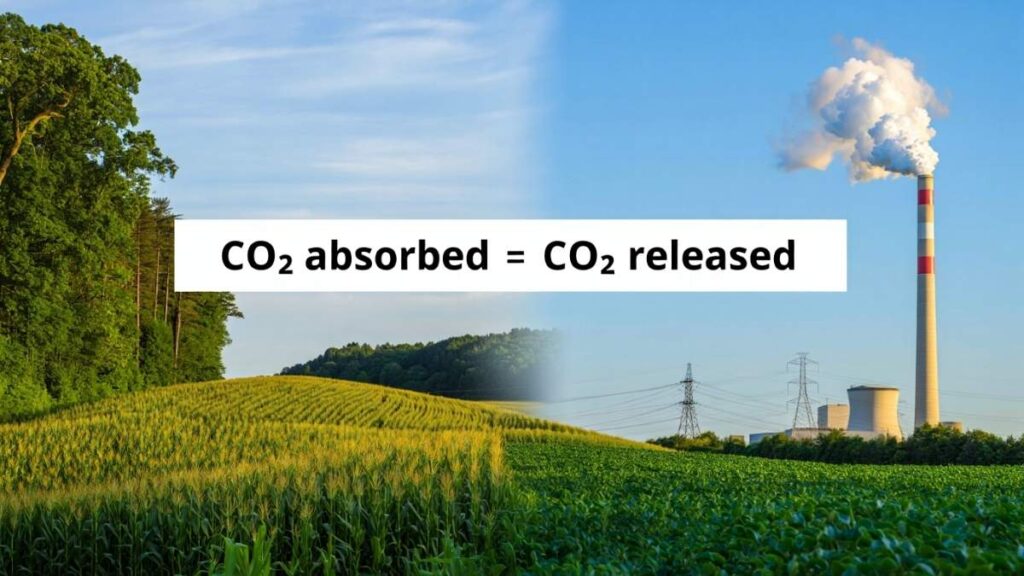 Illustration of carbon cycle in biomass showing CO₂ absorption and release