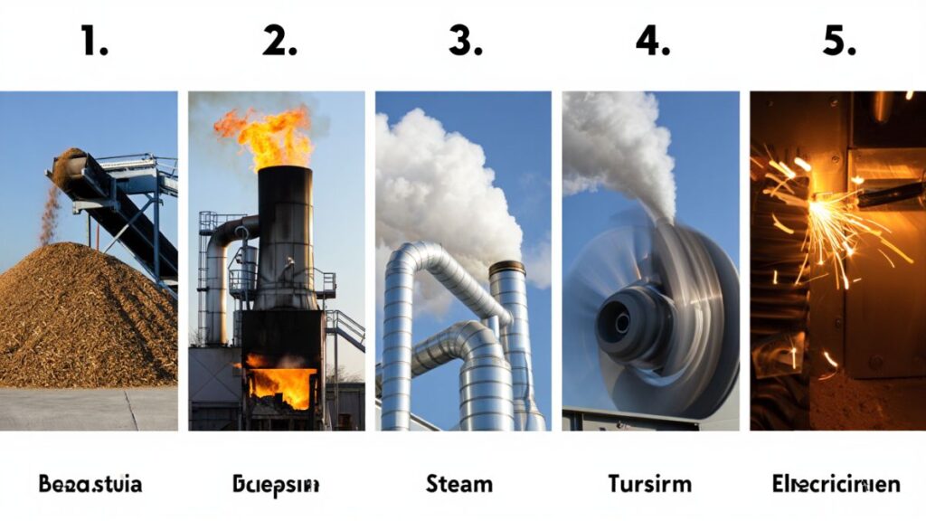 Step-by-step illustration of biomass combustion and gasification producing electricity