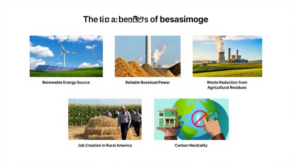 Infographic of the top benefits of biomass energy, highlighting reliability and waste reduction
