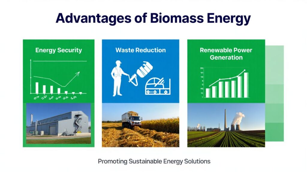 Infographic showing advantages of biomass energy: energy security, waste reduction, and renewable power