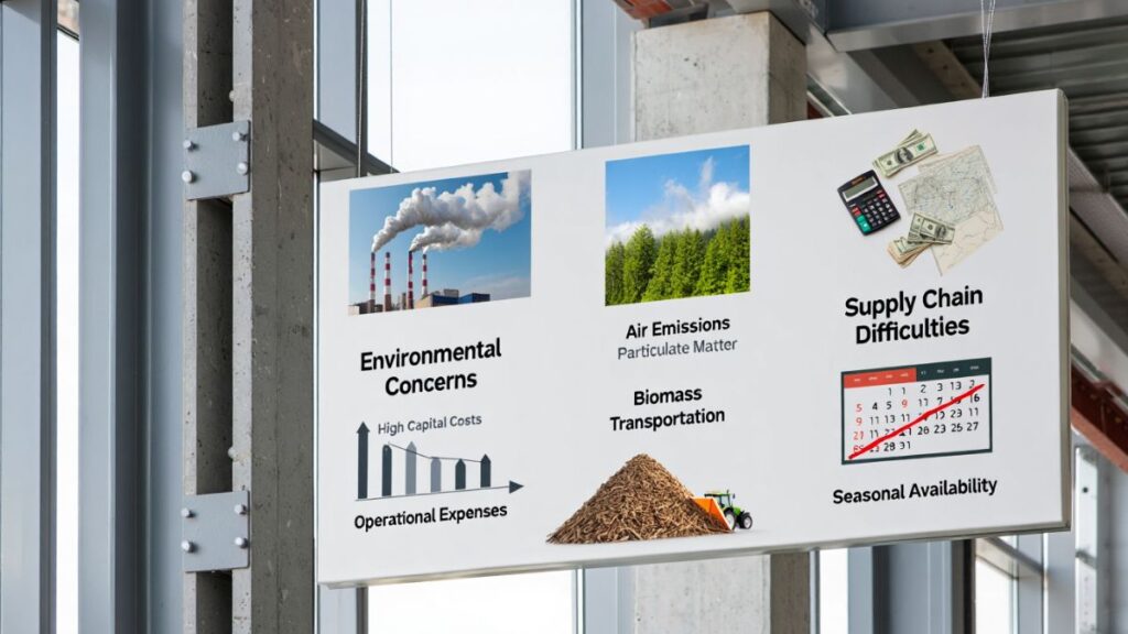 Visual showing disadvantages of biomass energy: emissions, high costs, and logistical challenges