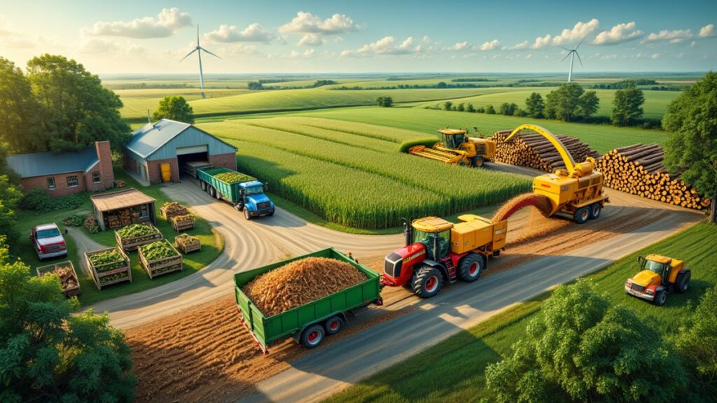 Illustration of common biomass feedstocks including energy crops, woody biomass, and food waste