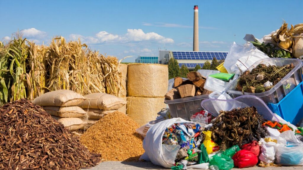 Overview of biomass energy sources showing agricultural residues, forestry waste, and MSW for renewable power