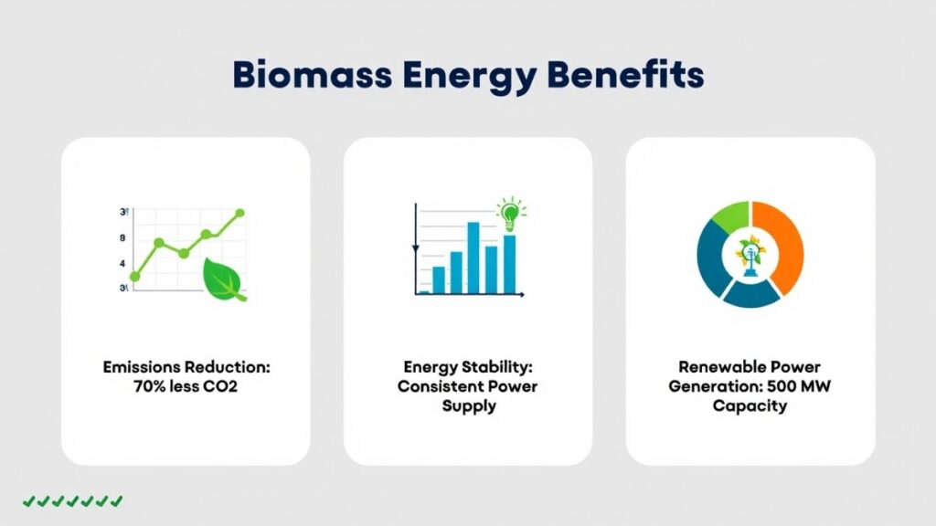 Infographic showing the benefits of biomass energy plants, including emissions reduction and energy stability