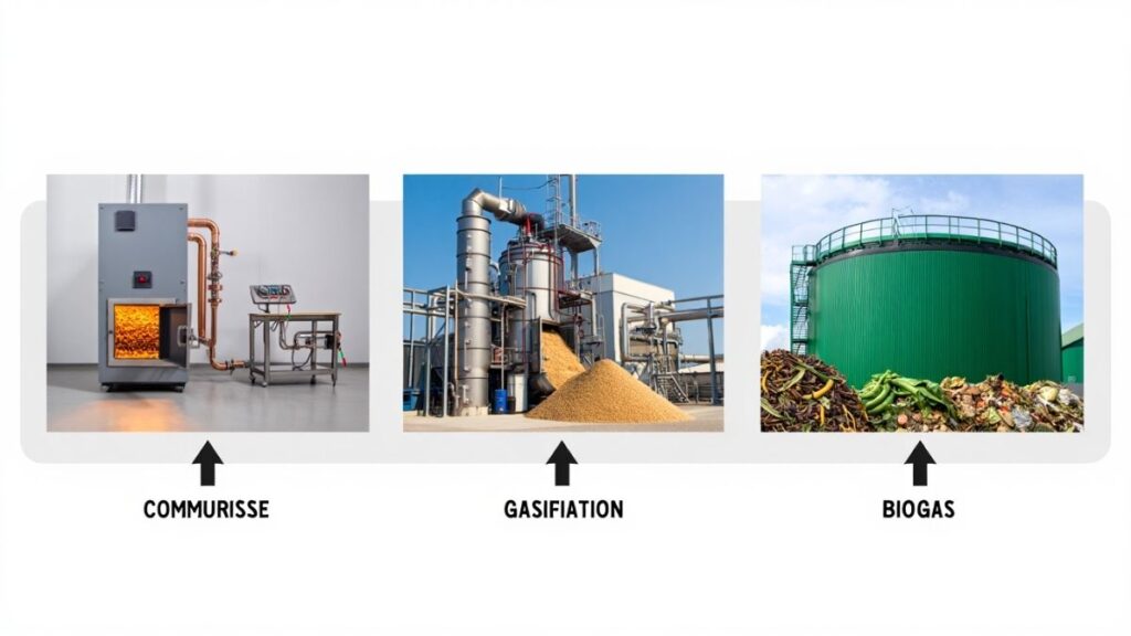 Diagram showing how biomass energy works including combustion, gasification, and biogas production