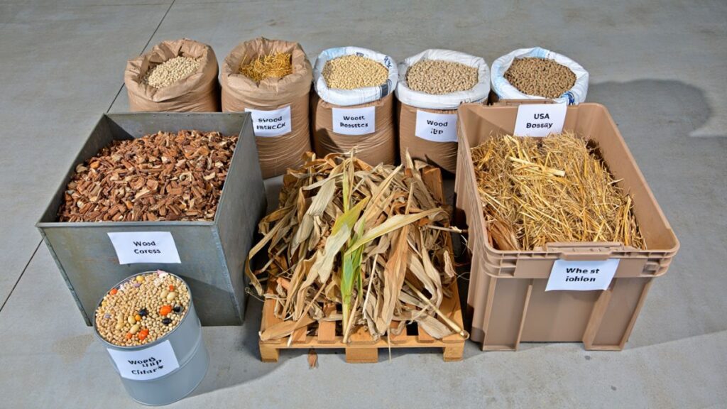 Various USA biomass feedstocks like wood chips, crop residues, and pellets used in gasification