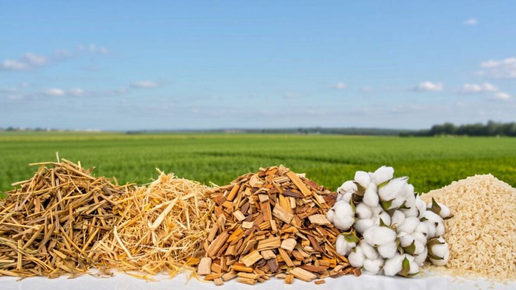 Common biomass feedstock sources in the USA, including wood, crops, and agricultural waste