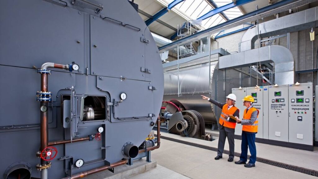 Inside view of a biomass combustion plant with boilers and turbines