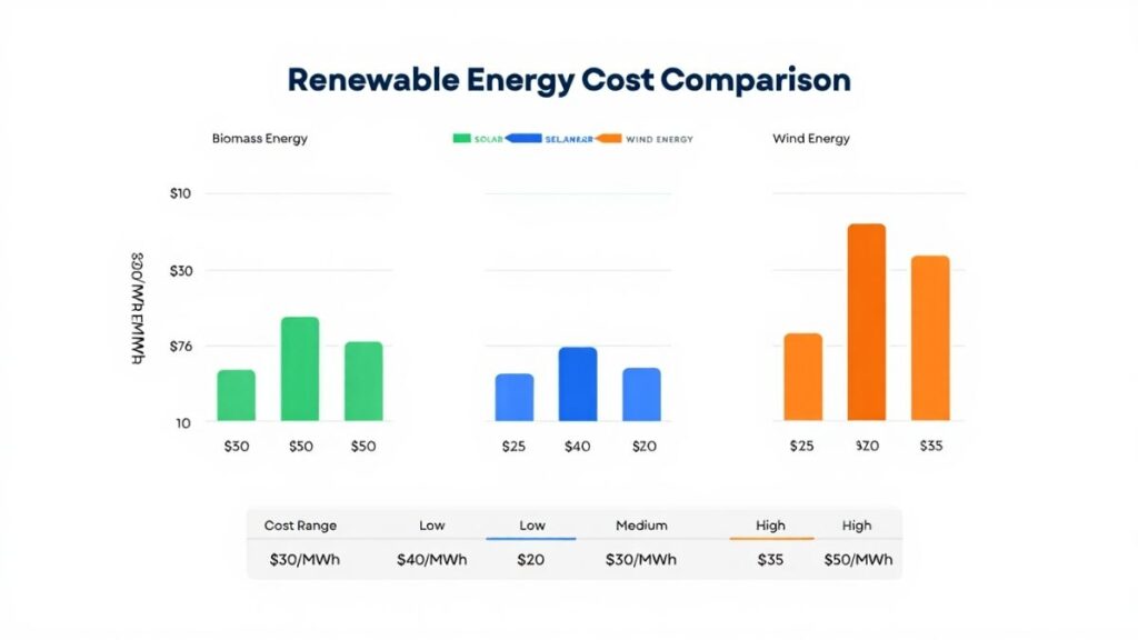 Table or chart comparing biomass plant cost vs solar and wind energy