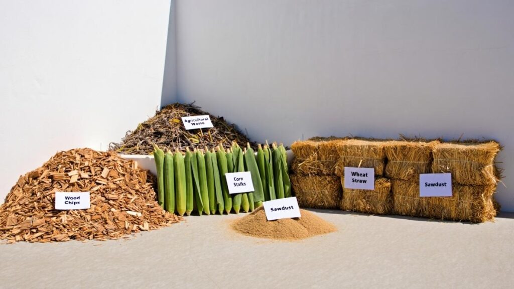 Various feedstock types used in biomass energy plants, including wood chips and agricultural waste