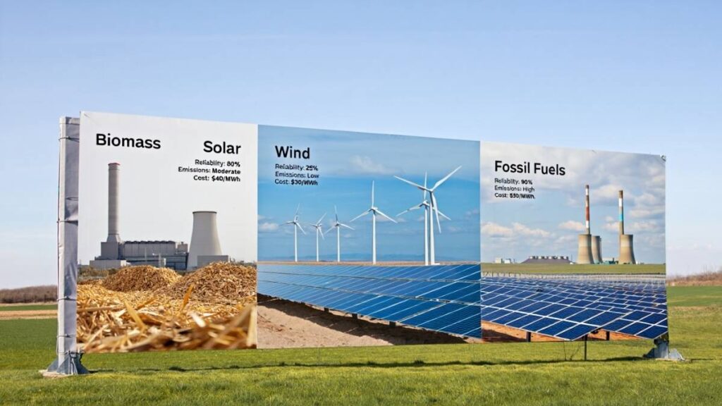 Comparison chart of biomass vs solar, wind, and fossil fuels in energy production