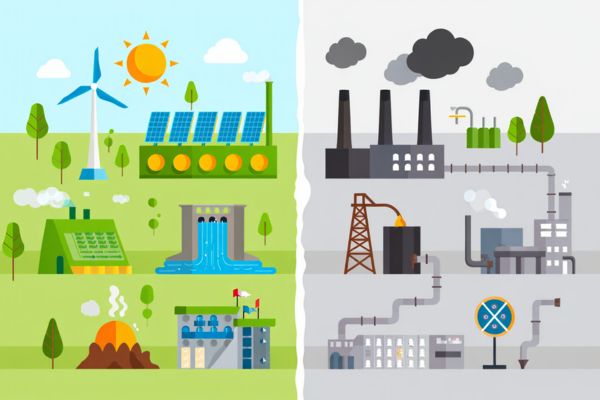 Flat-style illustration showing a side-by-side comparison of renewable and nonrenewable energy sources