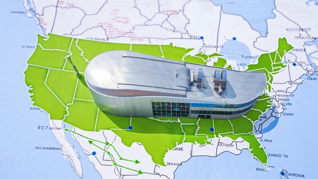 Image showing futuristic biomass power station with U.S. map and energy trend arrows
