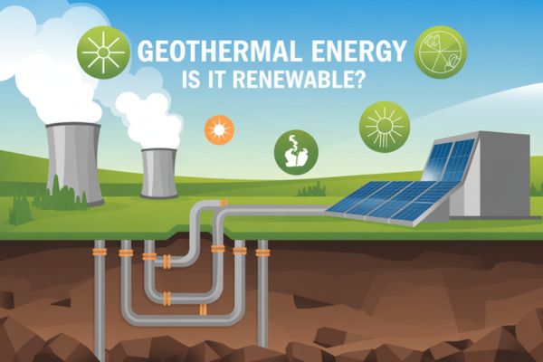 Geothermal energy is it renewable illustration showing Earth heat and geothermal power plant.