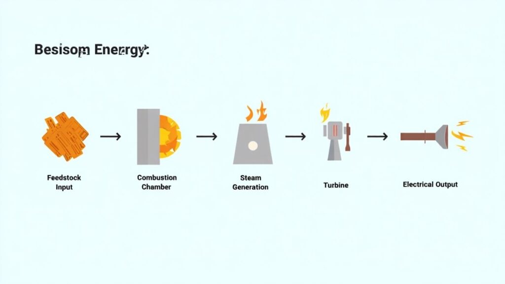 Diagram showing the biomass energy plant process from feedstock to electricity