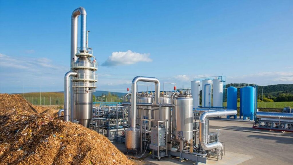 Hydrogen production system powered by the gasification of biomass in a U.S. facility