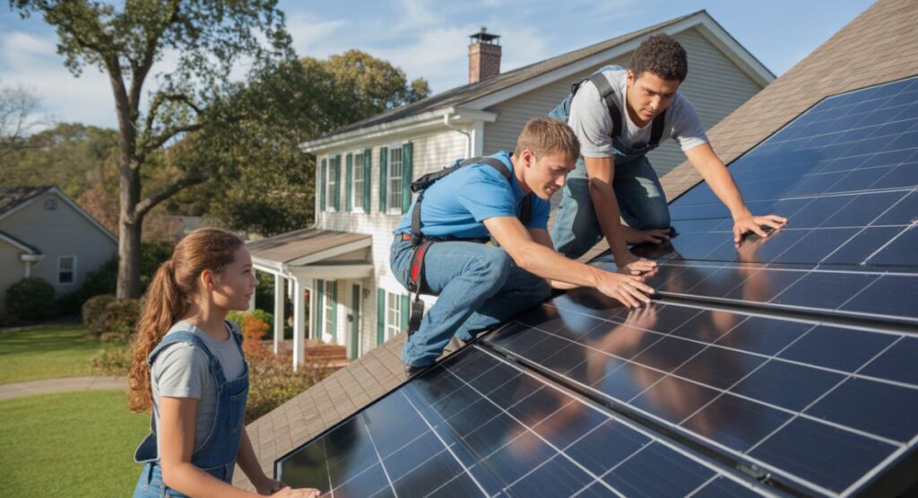 Family installing solar panels on suburban American home to embrace renewable energy