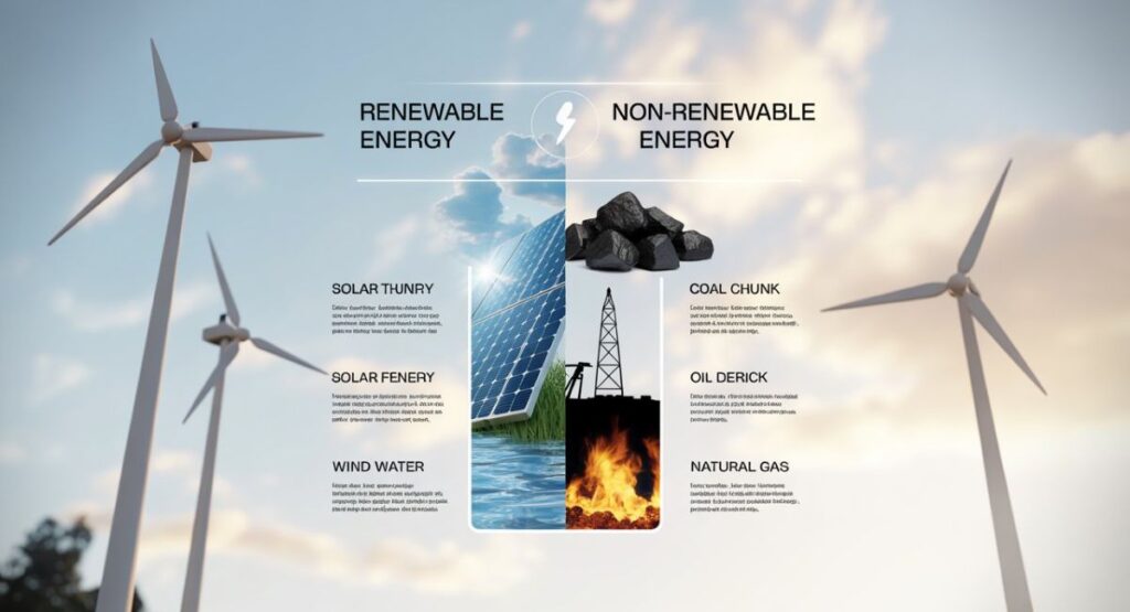Comparison chart of renewable and nonrenewable energy sources like wind, solar, coal, and oil