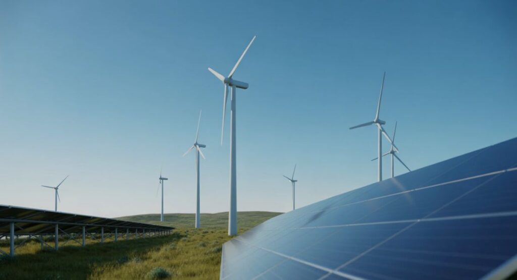 Solar panels and wind turbines generating clean energy in a rural American landscape