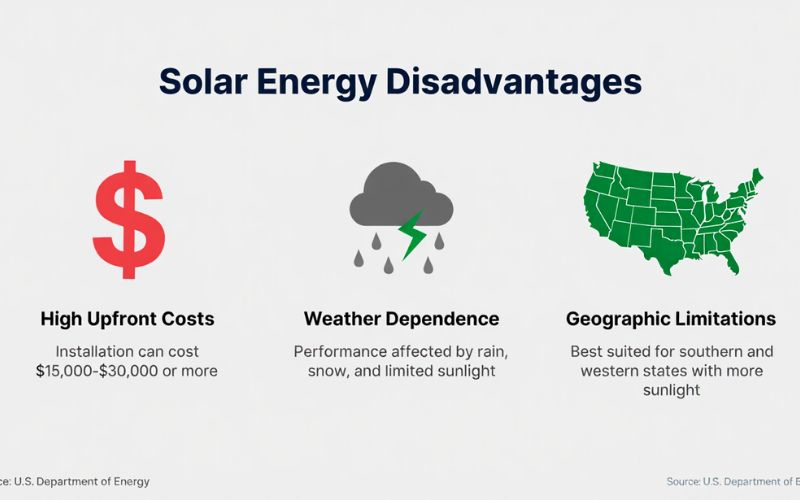 Illustration showing solar energy disadvantages like sunlight dependence and space requirements