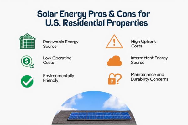 Infographic showing solar energy advantages and disadvantages for U.S. homes