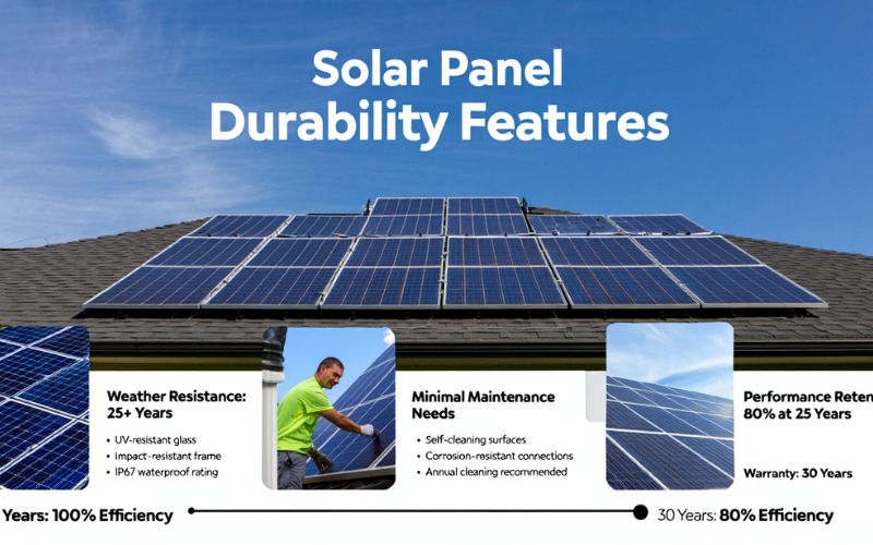 Diagram highlighting low maintenance and long lifespan of solar panels