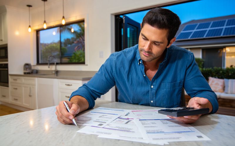 Illustration of U.S. home with solar panels reducing electric bills and energy costs