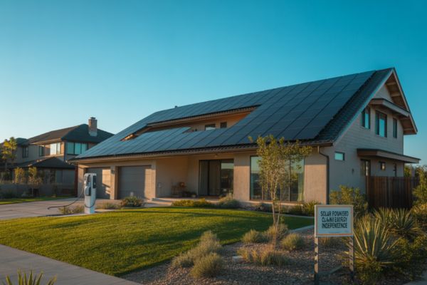 A bright solar-powered house symbolizing energy independence and clean renewable living in the USA