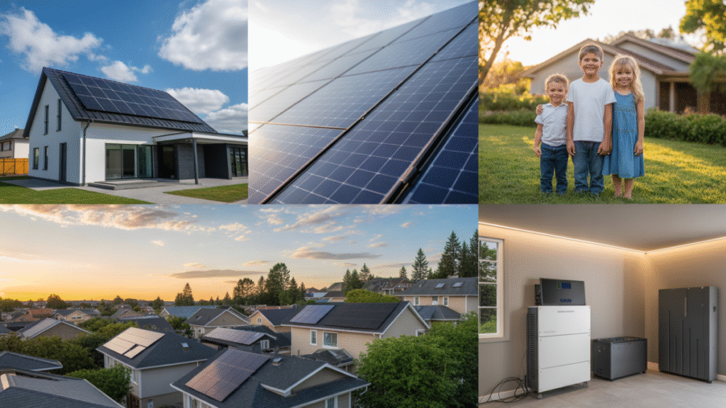 Modern American home powered by rooftop solar panels generating clean renewable energy,