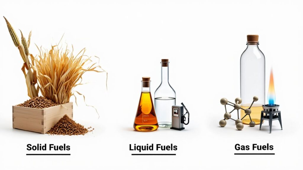 Overview of the main types of biomass energy including solid, liquid, and gas fuels