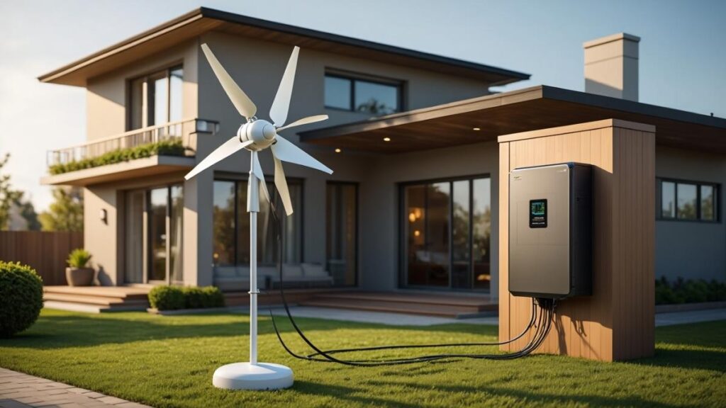 Home wind turbine battery storage system powering a modern U.S. house with clean energy
