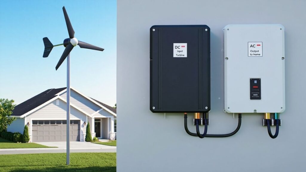 DC and AC wind turbine battery storage system illustration for residential use