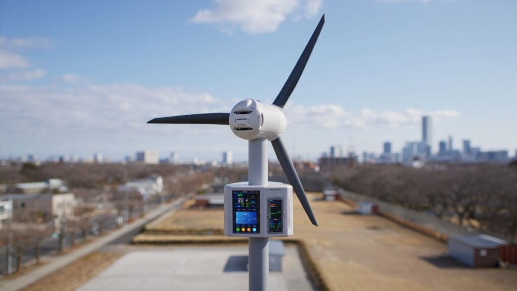 Concept of futuristic urban wind turbine with AI monitoring