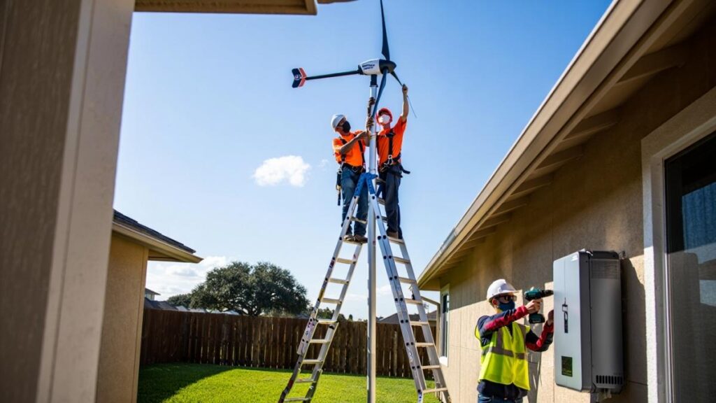 Installation of home wind turbine and battery storage system in suburban U.S.