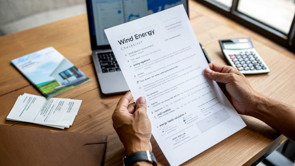 Homeowner reviewing checklist to decide if a wind energy system for the  home is suitable