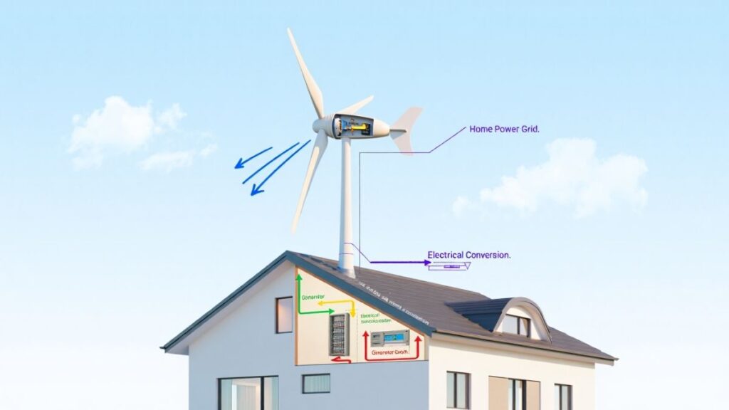 Simple diagram showing how a home wind turbine system converts wind into electricity