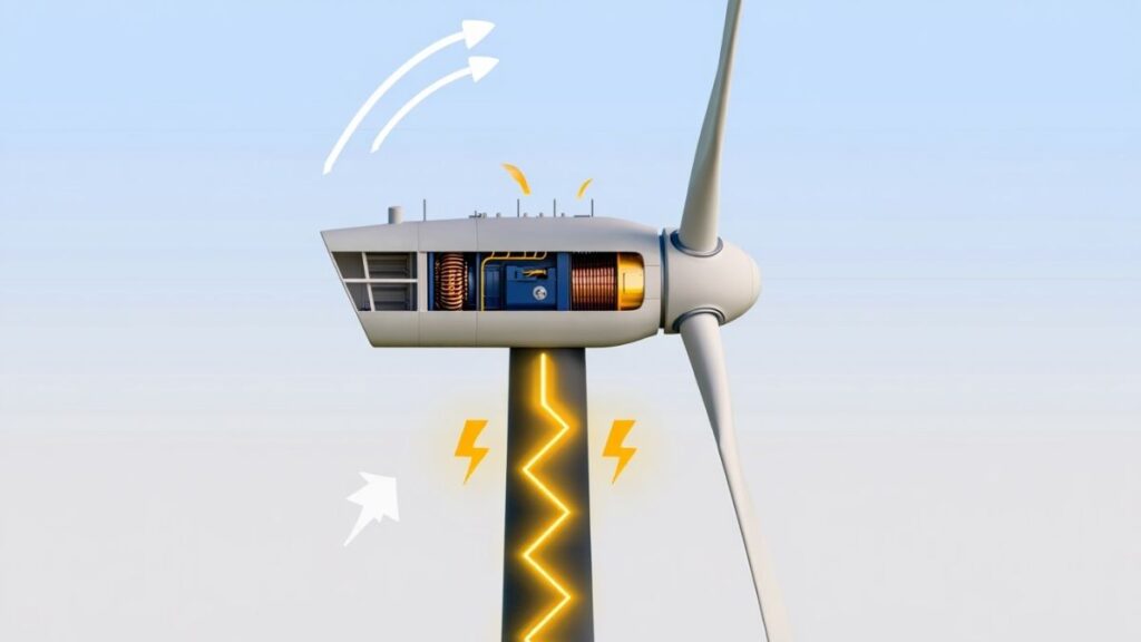 Diagram of how wind energy works with turbines converting wind into electricity