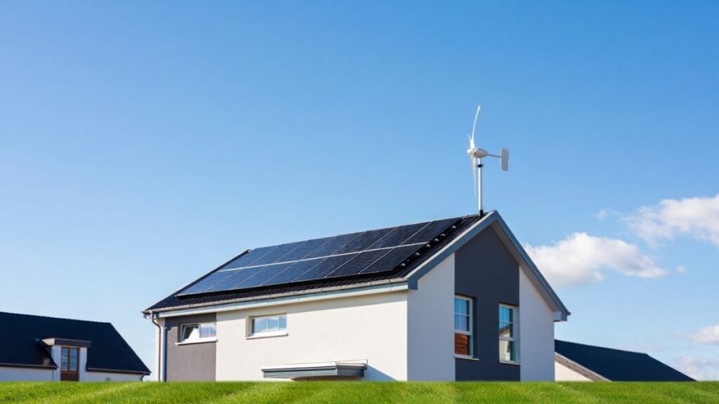 Modern U.S. home showing rooftop solar panels and a small wind turbine as a solar wind hybrid system for home