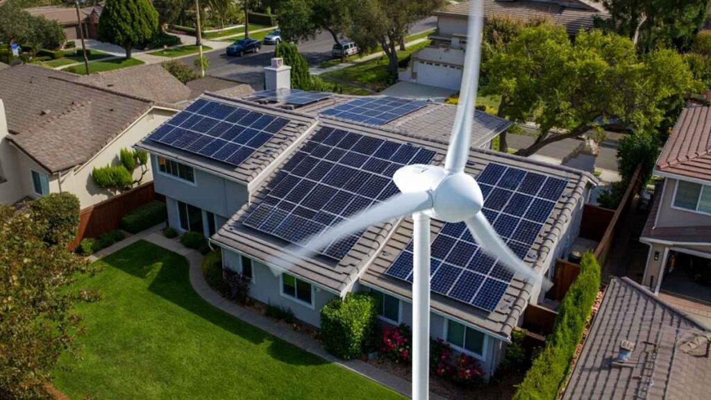 20-foot wind turbine tower with solar panels on a U.S. suburban home