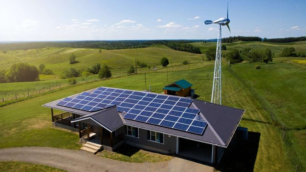 Small off-grid solar wind hybrid system installed in a rural U.S. home