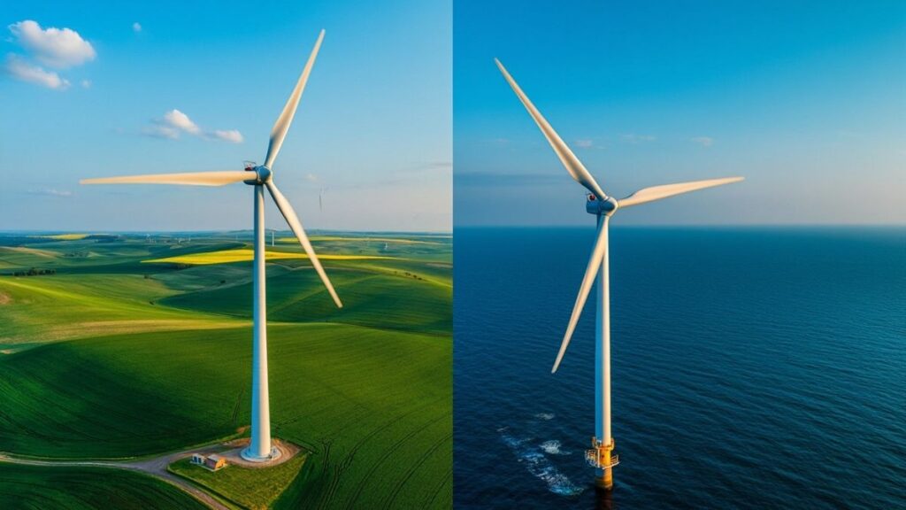 Side-by-side view of onshore vs offshore wind turbine power generation