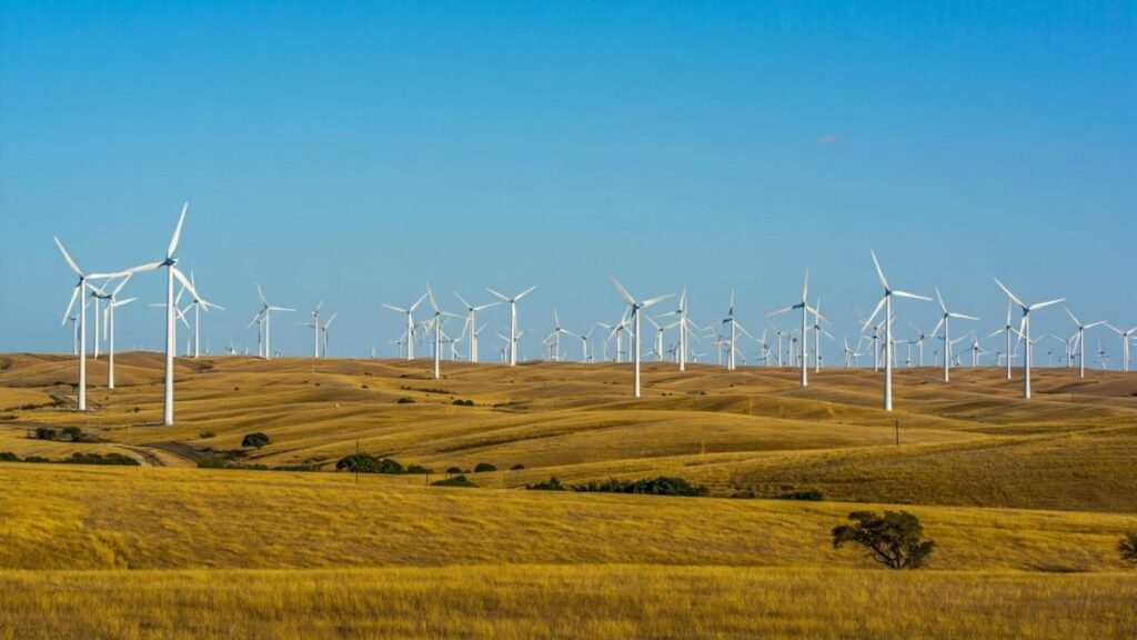 Onshore wind energy farm in Texas or Iowa producing clean power