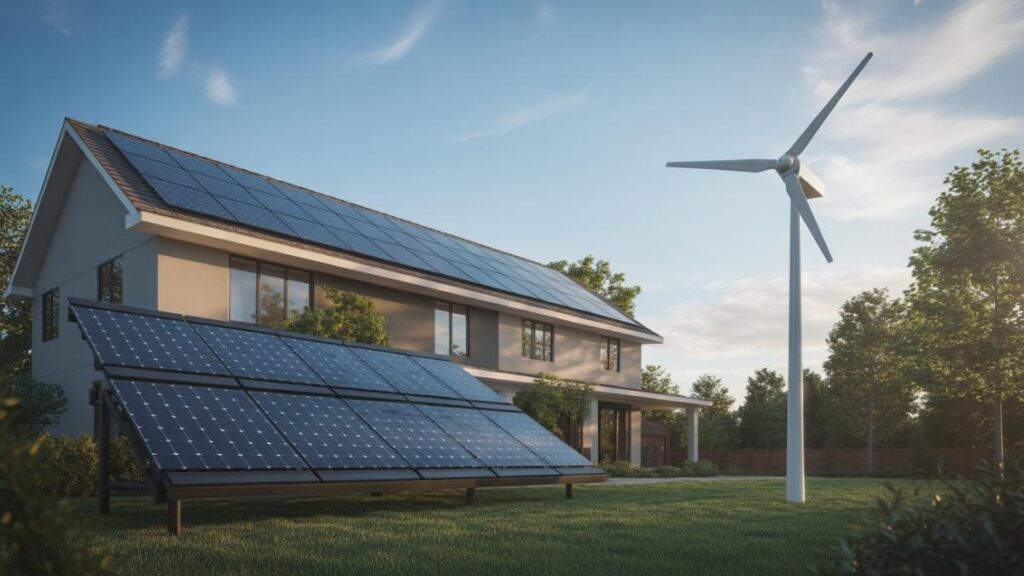 Real U.S. home using a solar wind hybrid system with rooftop solar panels and backyard wind turbine