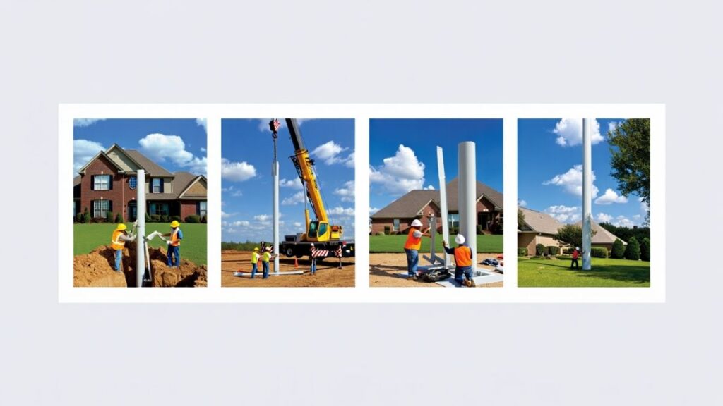Crew installing a residential home wind turbine tower step by step