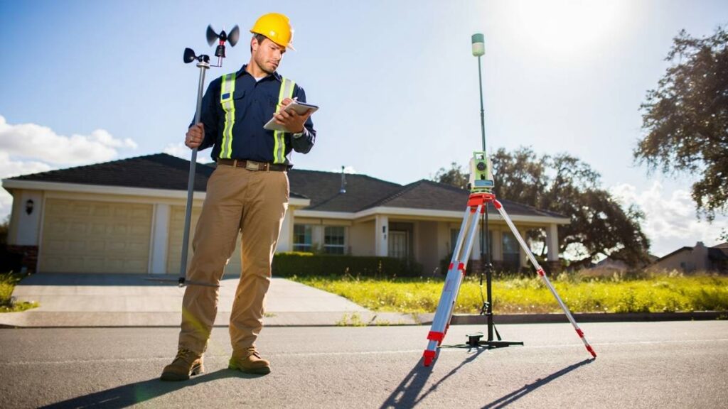 Technician measuring wind speed and site conditions for a home wind energy generator