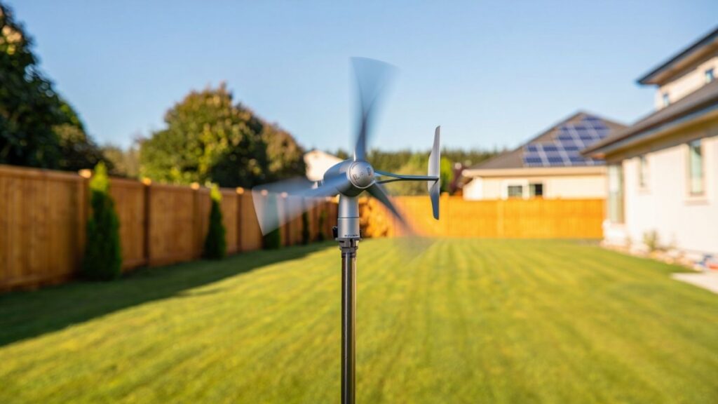 Small residential wind turbine in backyard powering a solar wind hybrid system for home