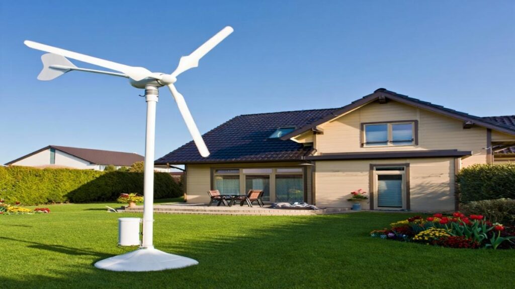 Small residential wind turbines installed in backyard